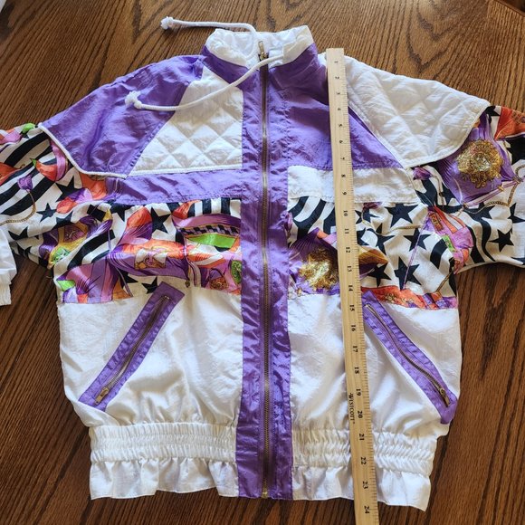 Avait Vintage 80s 90s Windbreaker Abstract Jacket Medium Petite Purple/White - Picture 6 of 7